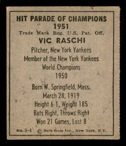 1951 Berk Ross #003-4 Vic Raschi Yankees EX 559649