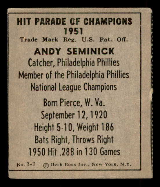 1951 Berk Ross #003-7 Andy Seminick Phillies EX 559650