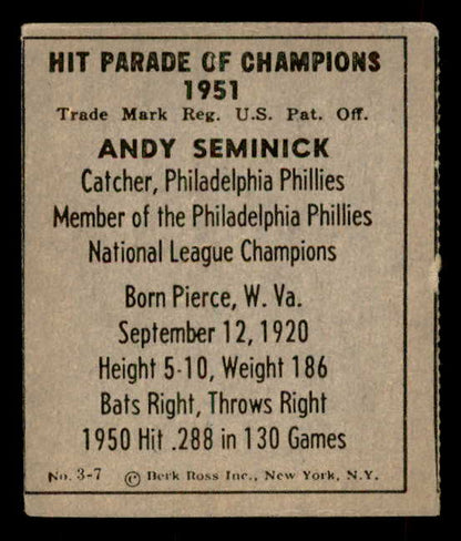 1951 Berk Ross #003-7 Andy Seminick Phillies EX 559650