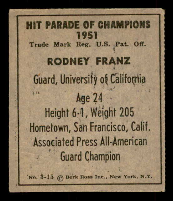 1951 Berk Ross #003-15 Rodney Franz USC EX 559652