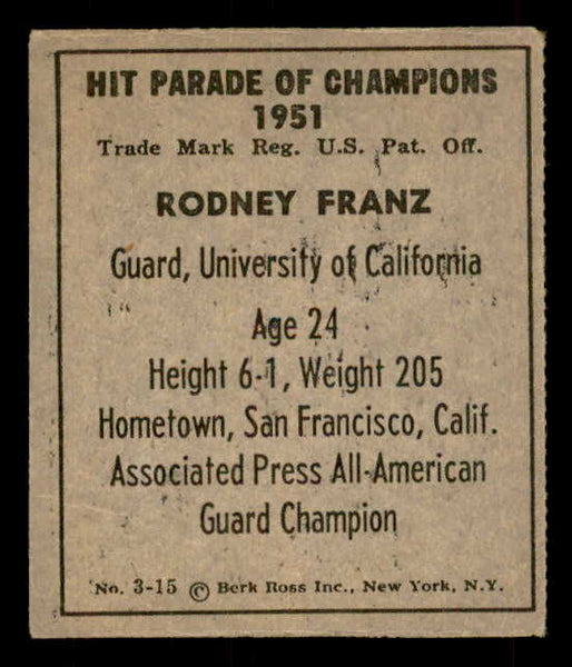 1951 Berk Ross #003-15 Rodney Franz USC EX 559652