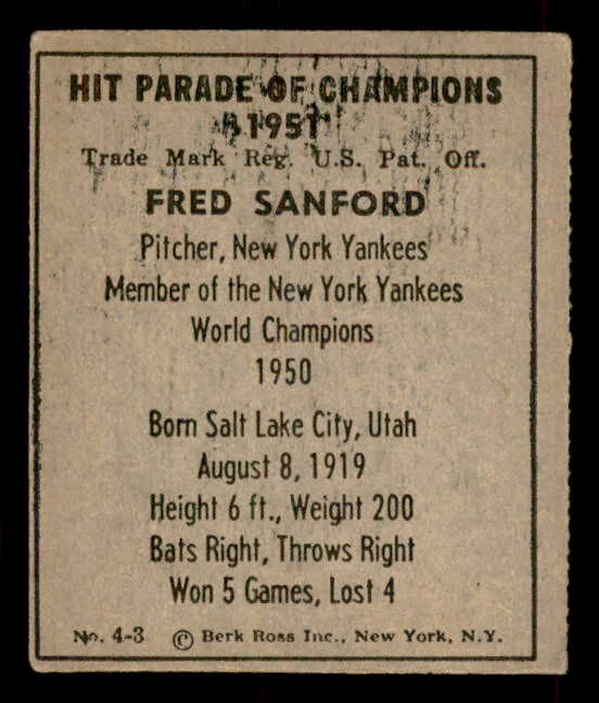 1951 Berk Ross #004-3 Fred Sanford Yankees EX 559654
