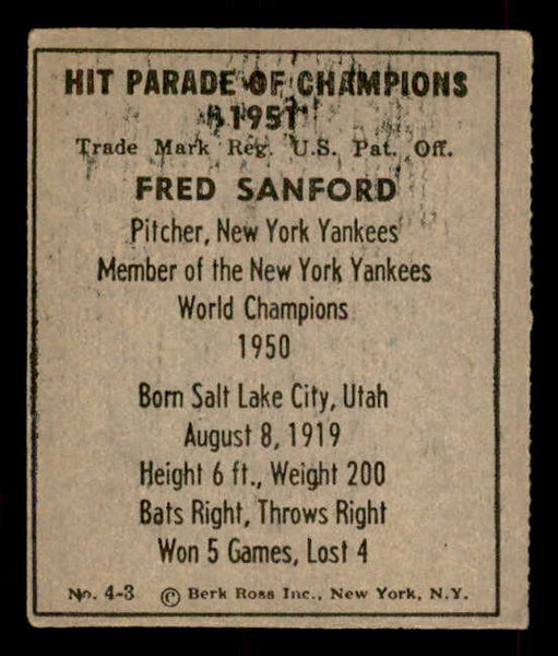 1951 Berk Ross #004-3 Fred Sanford Yankees EX 559654