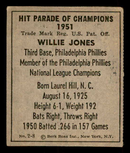 1951 Berk Ross #002-8 Willie Jones Phillies VG-EX 559659