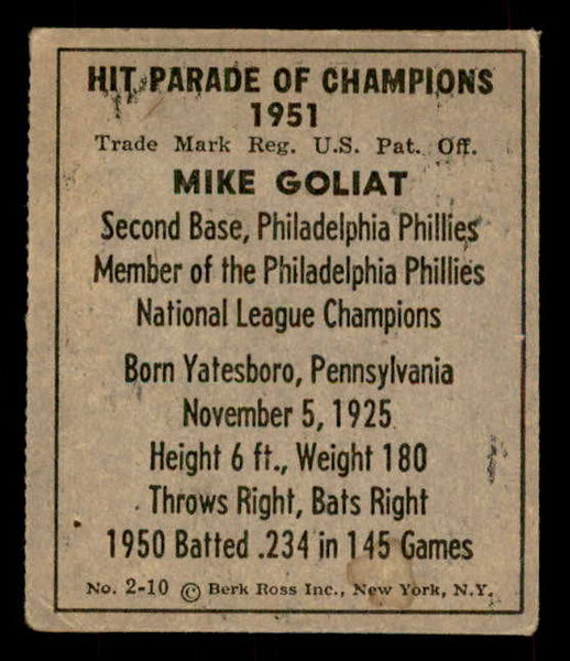 1951 Berk Ross #002-10 Mike Goliat Phillies VG-EX 559660