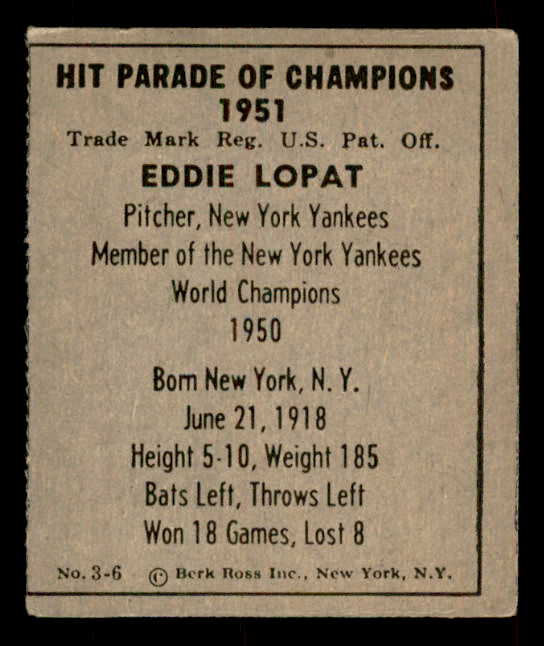 1951 Berk Ross #003-6 Eddie Lopat Yankees VG-EX 559661