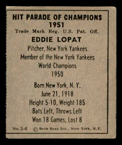 1951 Berk Ross #003-6 Eddie Lopat Yankees VG-EX 559661