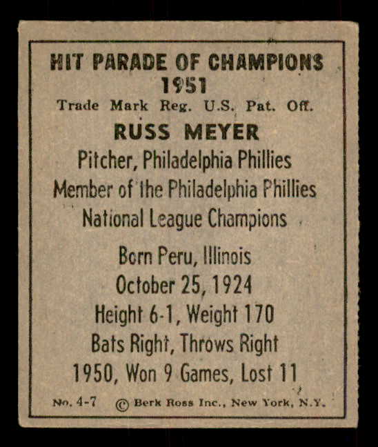 1951 Berk Ross #004-7 Russ Meyer Phillies VG-EX 559663