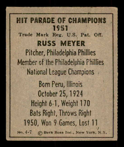 1951 Berk Ross #004-7 Russ Meyer Phillies VG-EX 559663