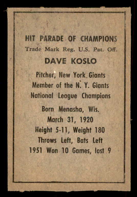 1952 Berk Ross Dave Koslo Giants EX-MT 559678