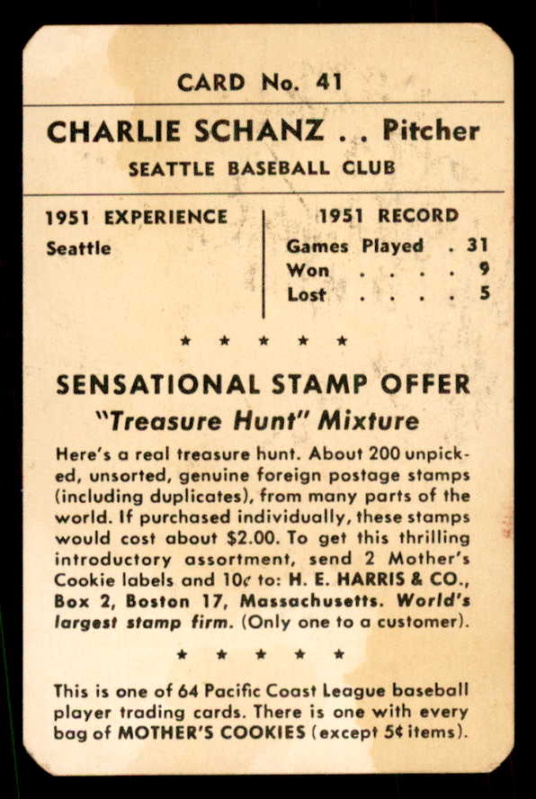 1952 Mothers Cookies #041 Charlie Schanz Rainiers VG 559689