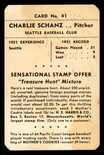 1952 Mothers Cookies #041 Charlie Schanz Rainiers VG 559689