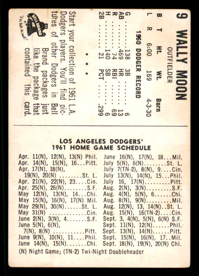 1961 Bell Brand #009 Wally Moon Dodgers GD-VG 559690