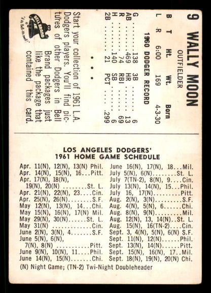 1961 Bell Brand #009 Wally Moon Dodgers GD-VG 559690