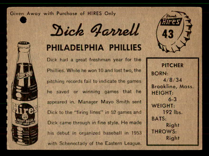 1958 Hires #043 Dick Farrell Phillies FR-GD punch hole No Tab 559691