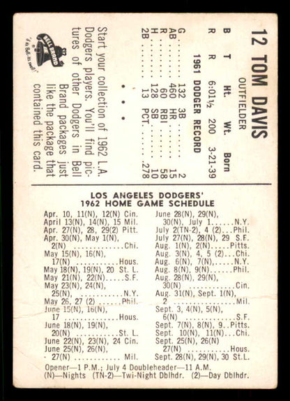 1962 Bell Brand #012 Tommy Davis Dodgers FR-GD 559692