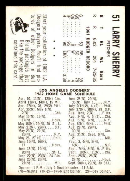 1962 Bell Brand #051 Larry Sherry Dodgers VG-EX 559694