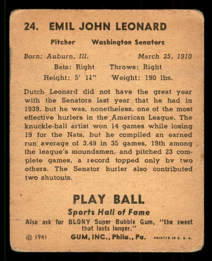 1941 Play Ball #024 Dutch Leonard Senators GD-VG/VG 559697