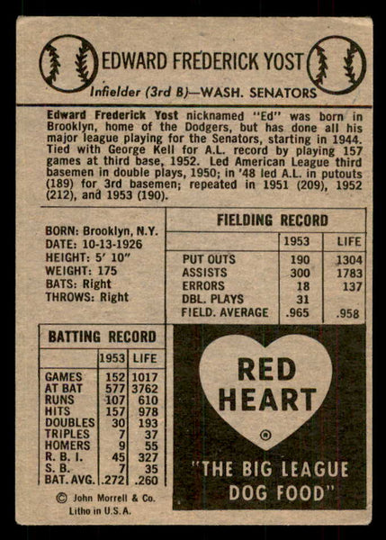 1954 Red Heart Eddie Yost Senators VG-EX 559705