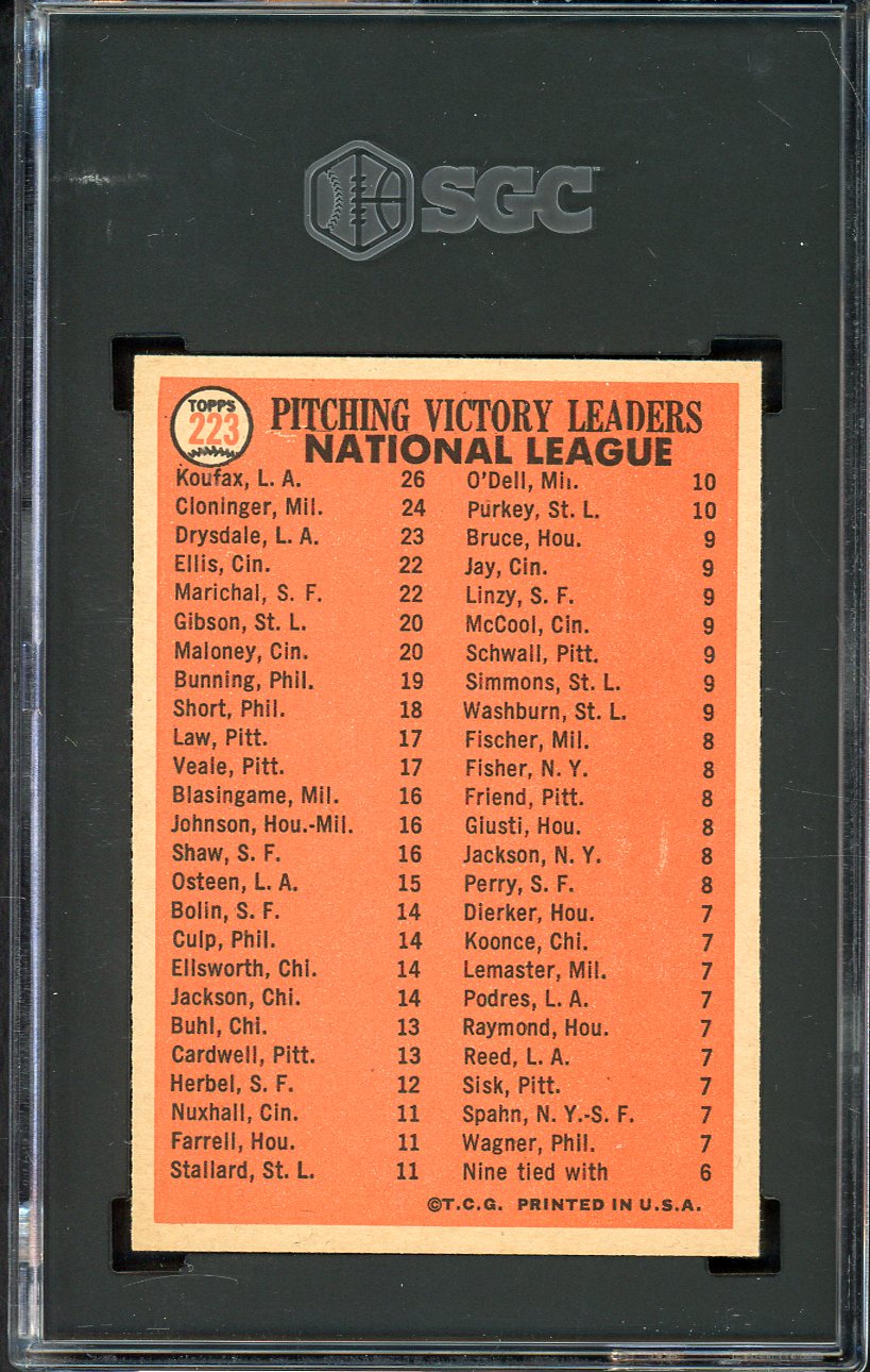 1966 Topps Baseball #223 N.L. Win Leaders Sandy Koufax SGC 7 NM 560546