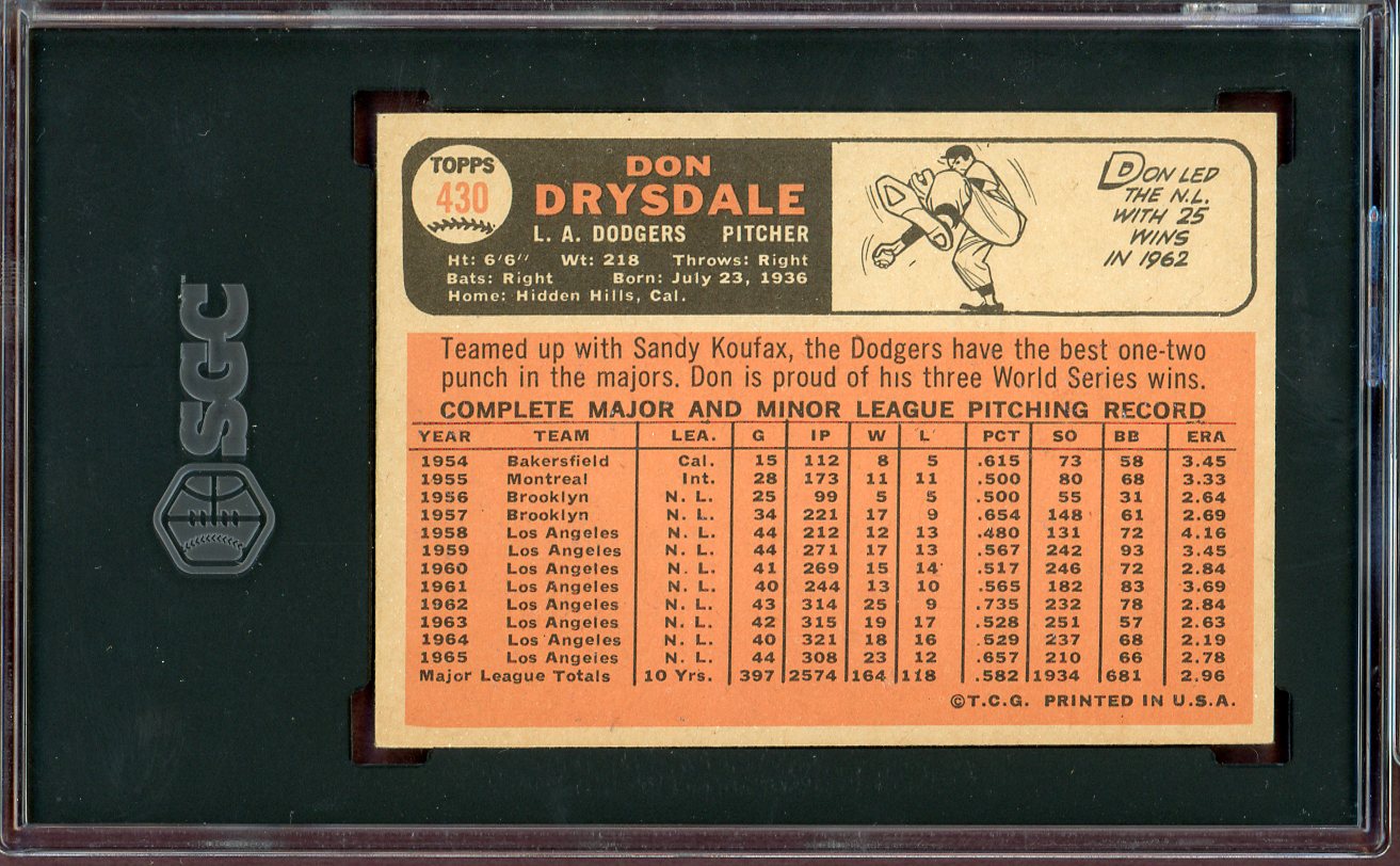 1966 Topps Baseball #430 Don Drysdale Dodgers SGC 4 VG-EX 560551