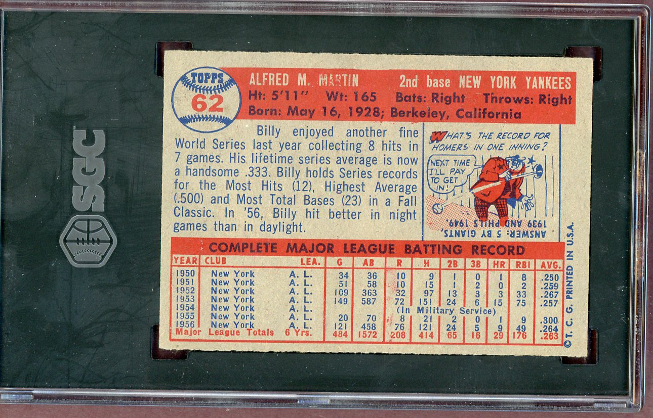1957 Topps Baseball #062 Billy Martin Yankees SGC 5 EX 560557