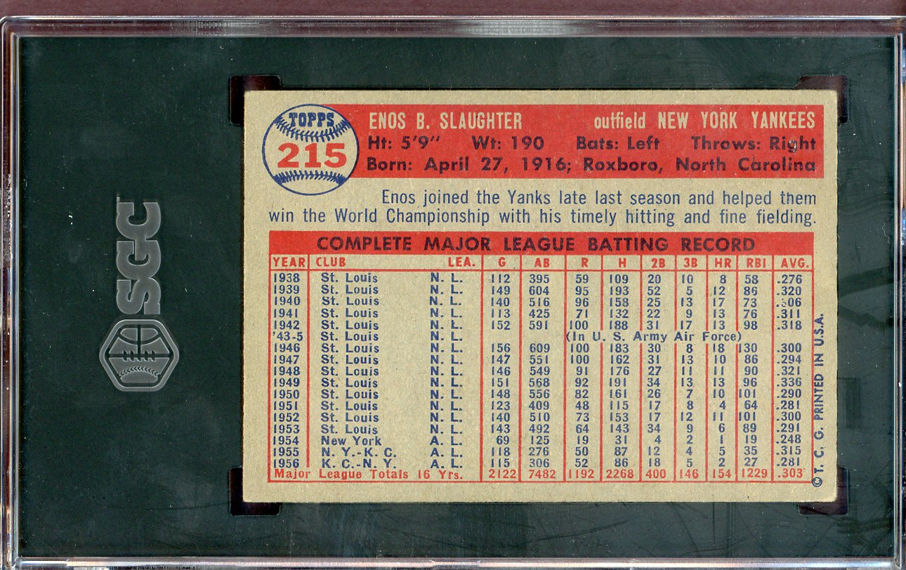 1957 Topps Baseball #215 Enos Slaughter Yankees SGC 5 EX 560562