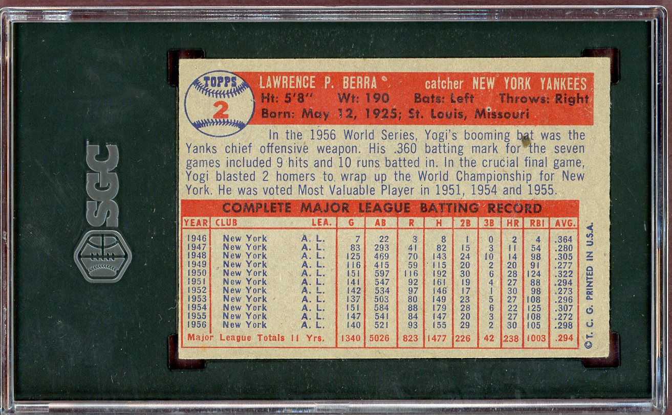 1957 Topps Baseball #002 Yogi Berra Yankees SGC 4.5 VG-EX+ 560564