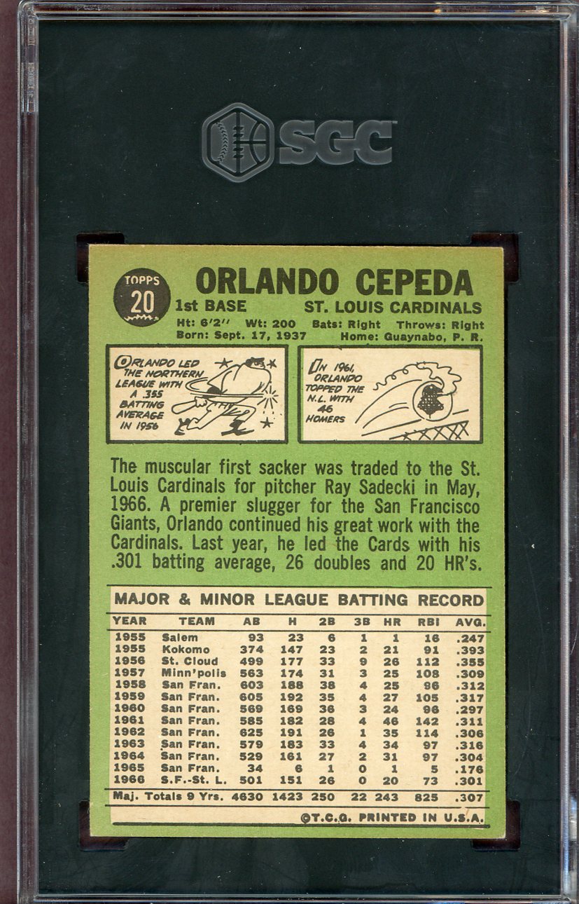 1967 Topps Baseball #020 Orlando Cepeda Cardinals SGC 5.5 EX+ 560565