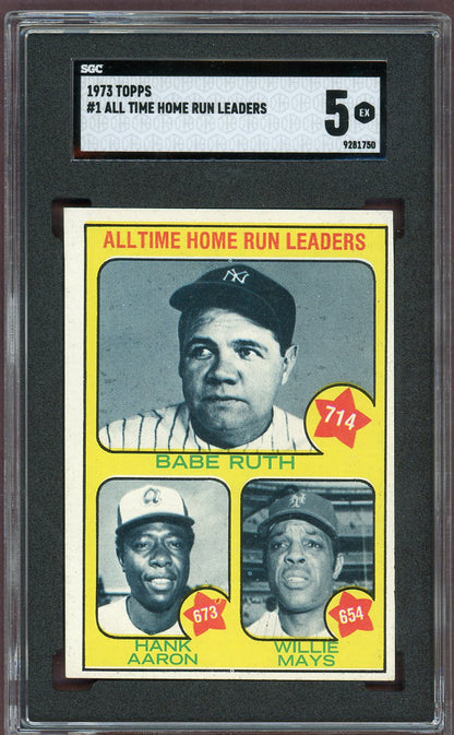 1973 Topps Baseball #001 Hank Aaron Babe Ruth Willie Mays SGC 5 EX 560568