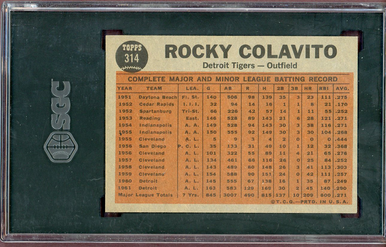 1962 Topps Baseball #314 Rocky Colavito IA Tigers SGC 5.5 EX+ 560569
