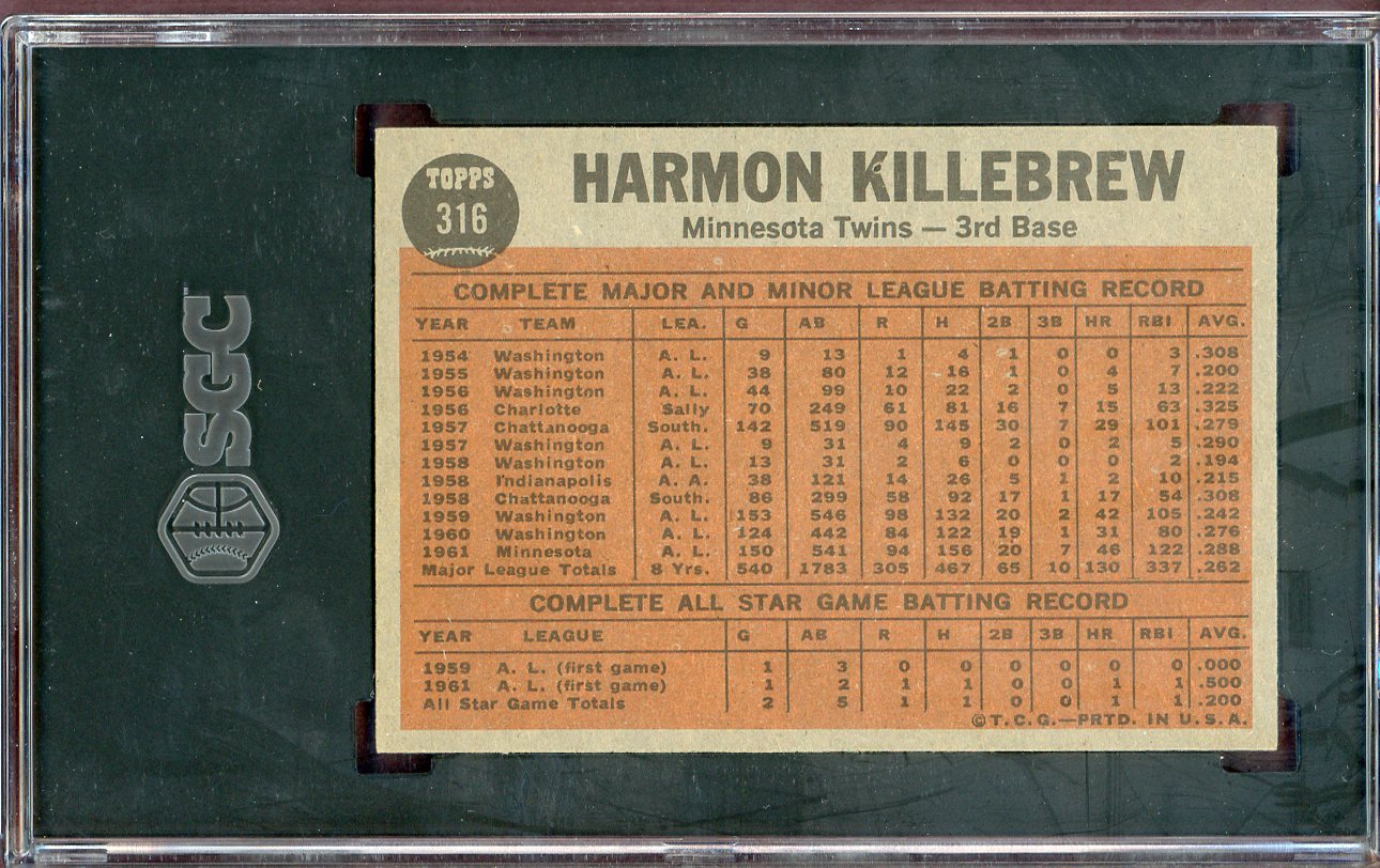 1962 Topps Baseball #316 Harmon Killebrew IA Twins SGC 6 EX-MT 560570