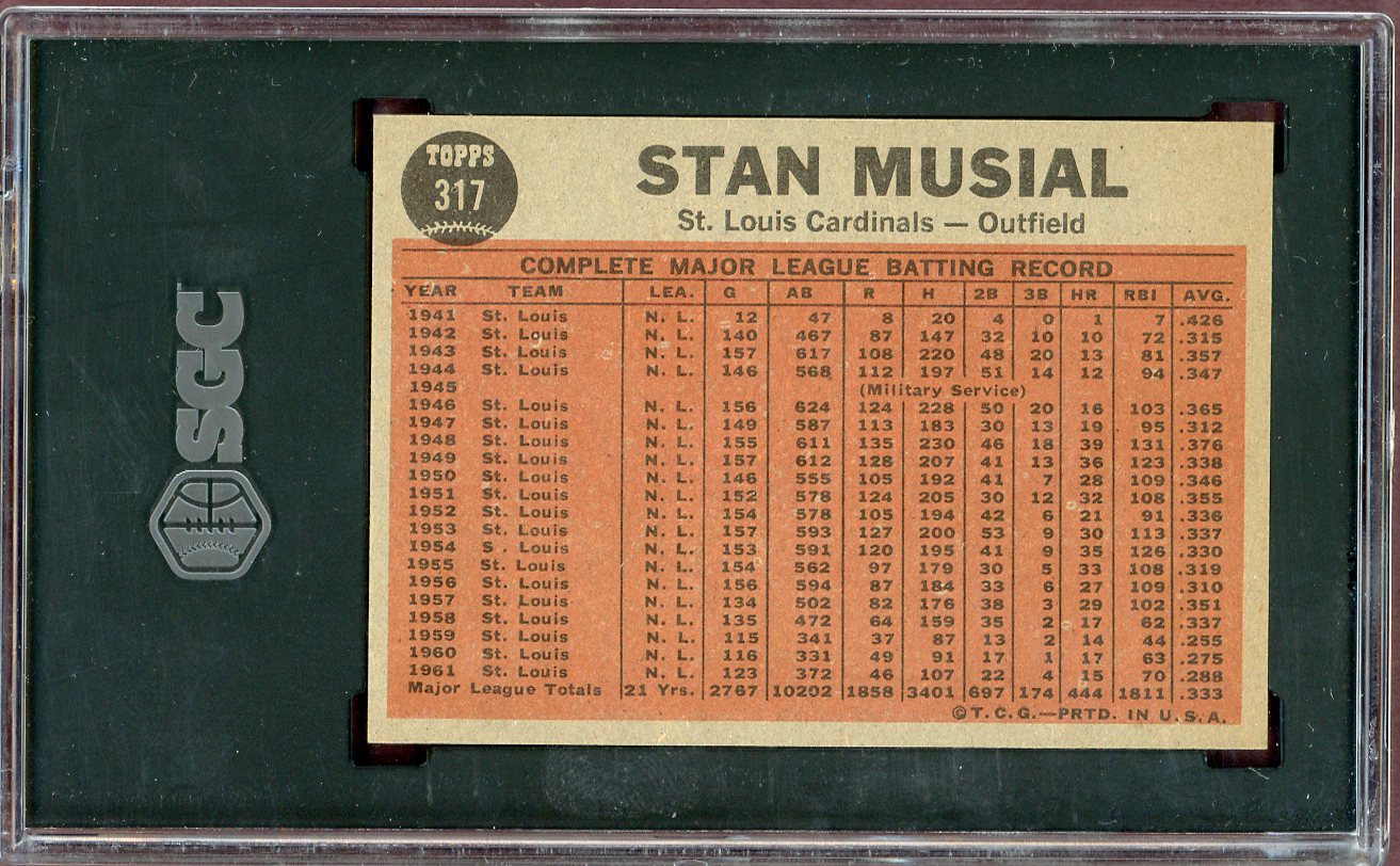 1962 Topps Baseball #317 Stan Musial IA Cardinals SGC 7 NM 560572
