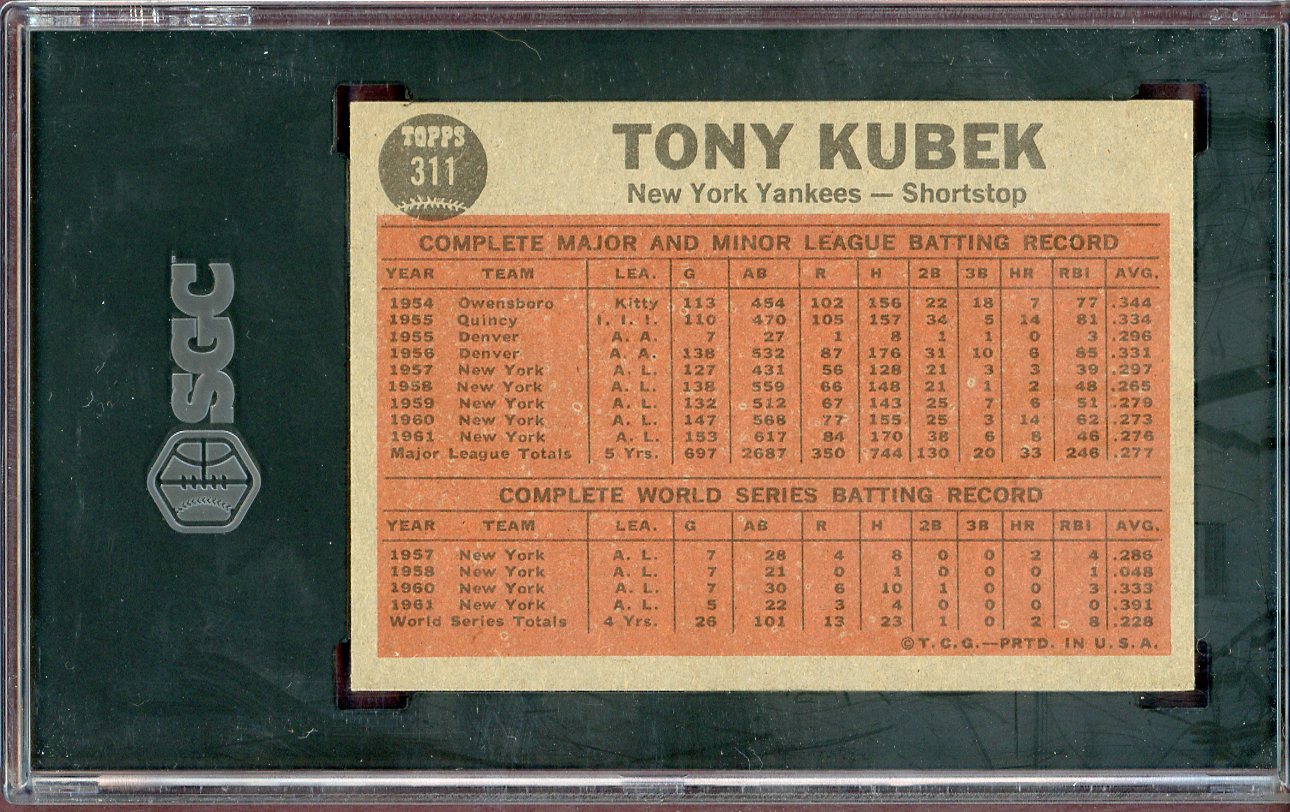 1962 Topps Baseball #311 Tony Kubek IA Yankees SGC 7 NM 560578