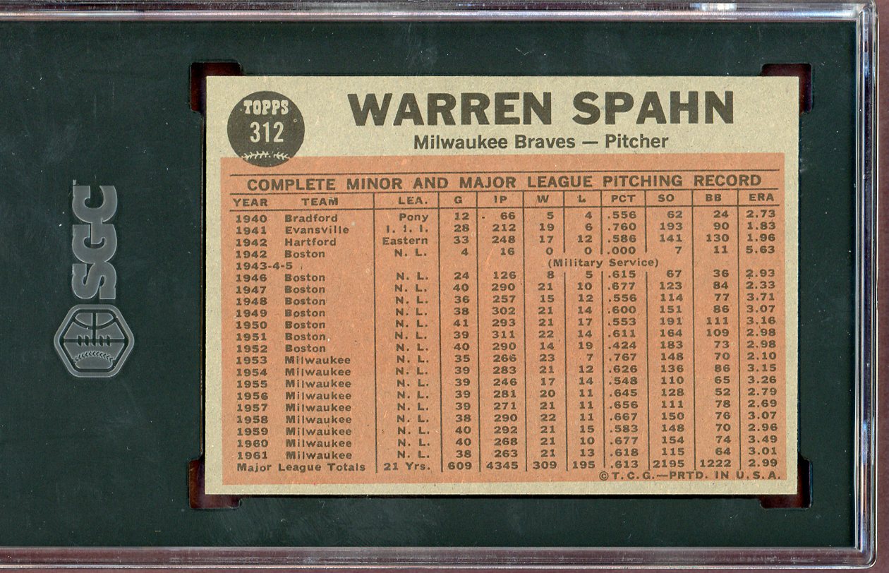 1962 Topps Baseball #312 Warren Spahn IA Braves SGC 6 EX-MT 560579
