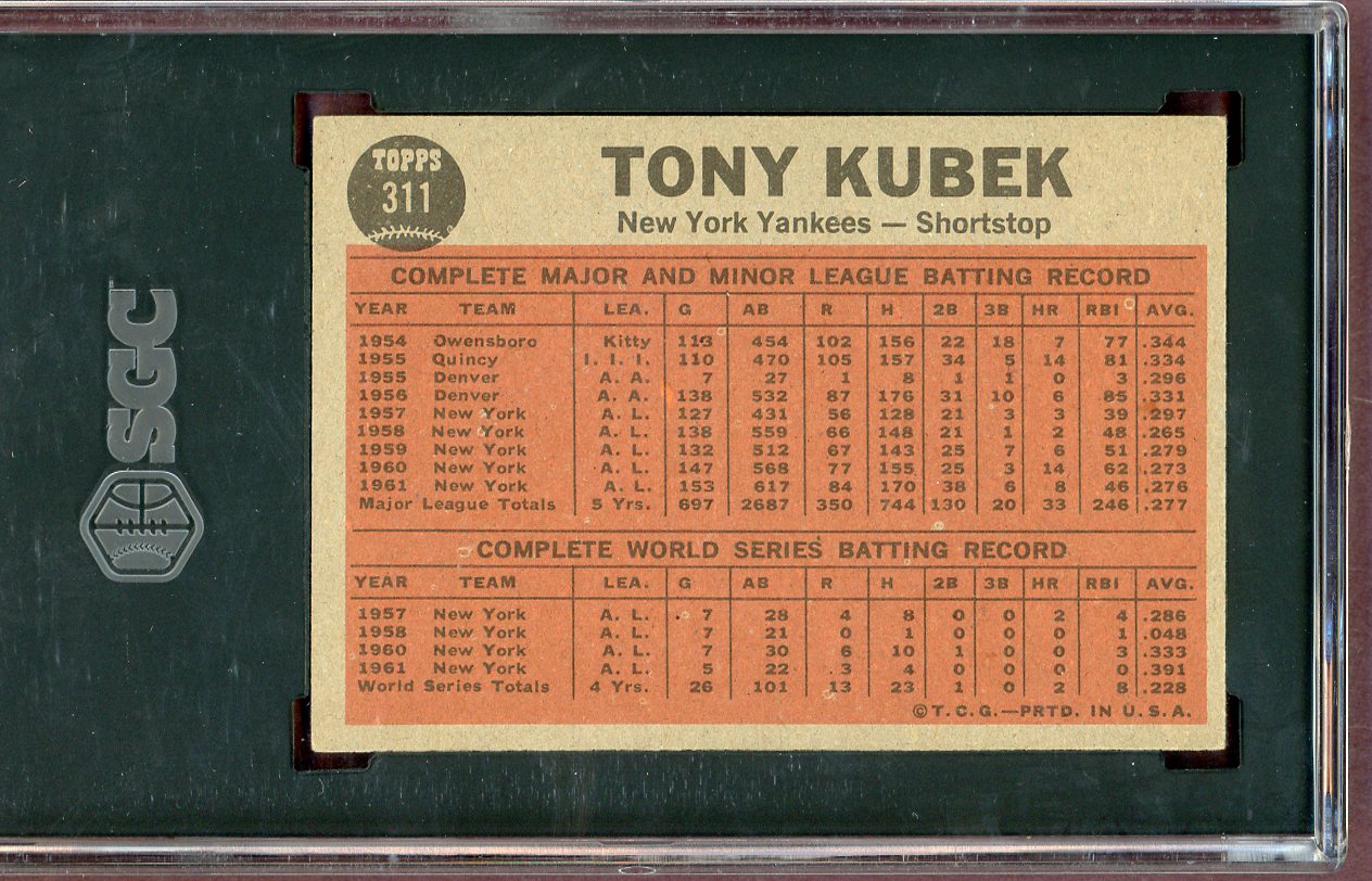 1962 Topps Baseball #311 Tony Kubek IA Yankees SGC 6 EX-MT 560580