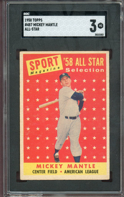 1958 Topps Baseball #487 Mickey Mantle A.S. Yankees SGC 3 VG 560594