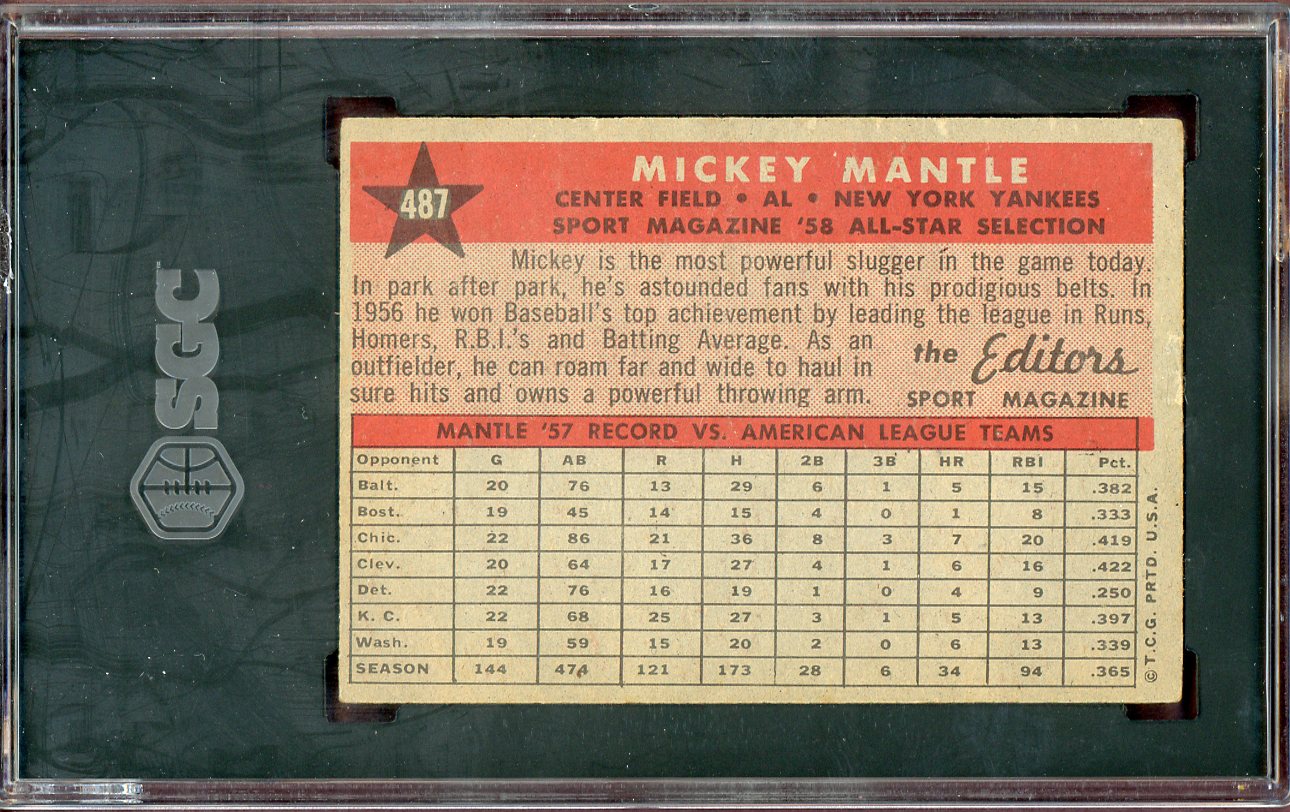1958 Topps Baseball #487 Mickey Mantle A.S. Yankees SGC 3 VG 560594