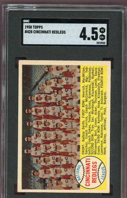 1958 Topps Baseball #428 Cincinnati Reds Team SGC 4.5 VG-EX+ 560608