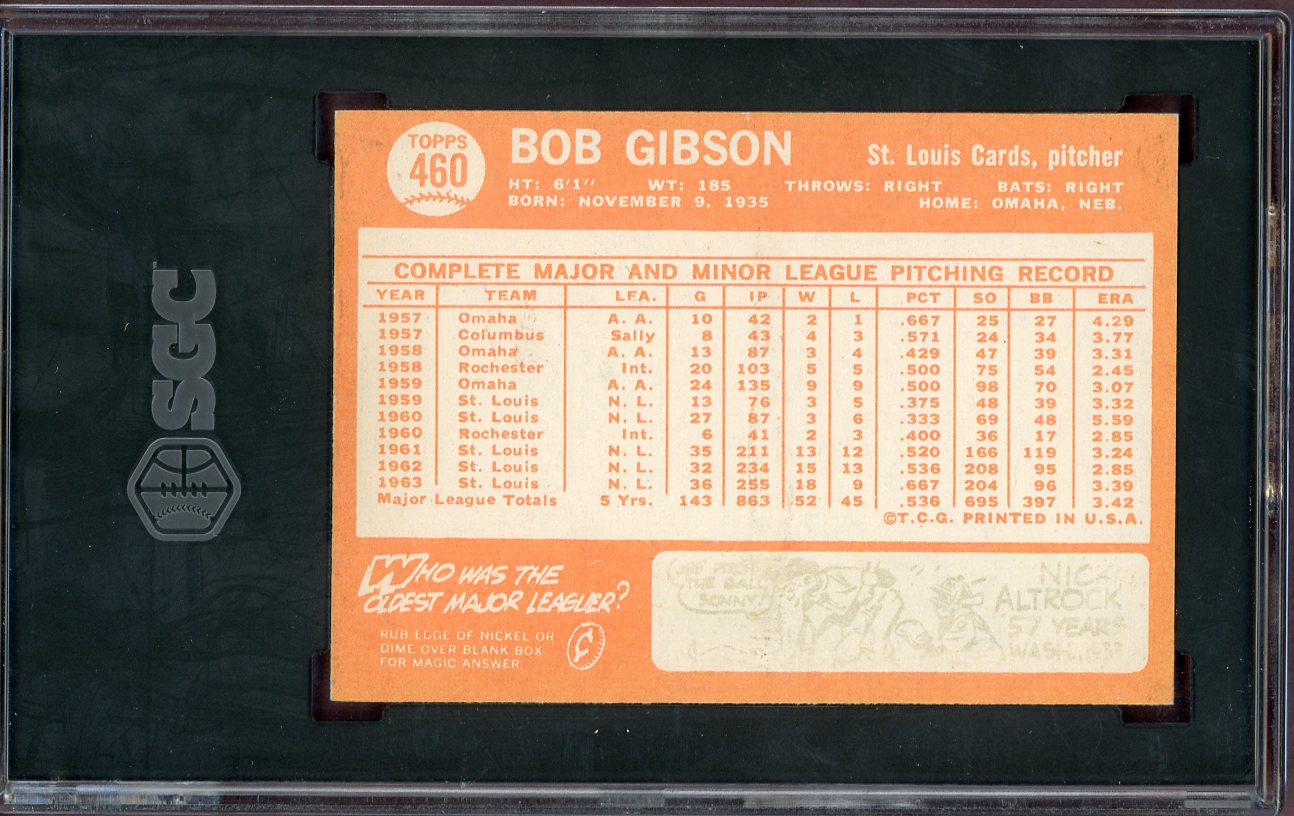 1964 Topps Baseball #460 Bob Gibson Cardinals SGC 6 EX-MT 560613