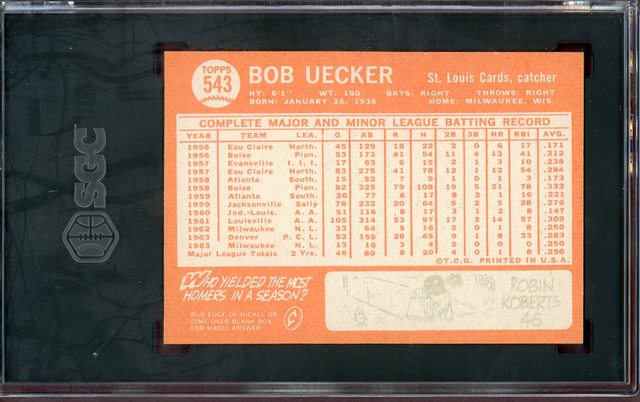 1964 Topps Baseball #543 Bob Uecker Cardinals SGC 4 VG-EX 560614