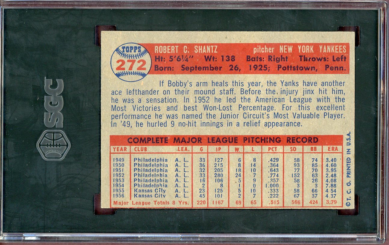 1957 Topps Baseball #272 Bobby Shantz Yankees SGC 5 EX 560633