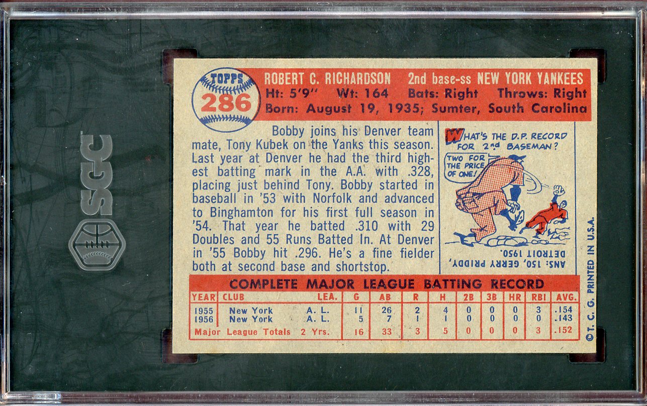 1957 Topps Baseball #286 Bobby Richardson Yankees SGC 4.5 VG-EX+ 560634
