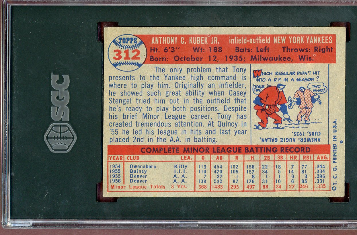1957 Topps Baseball #312 Tony Kubek Yankees SGC 4.5 VG-EX+ 560635