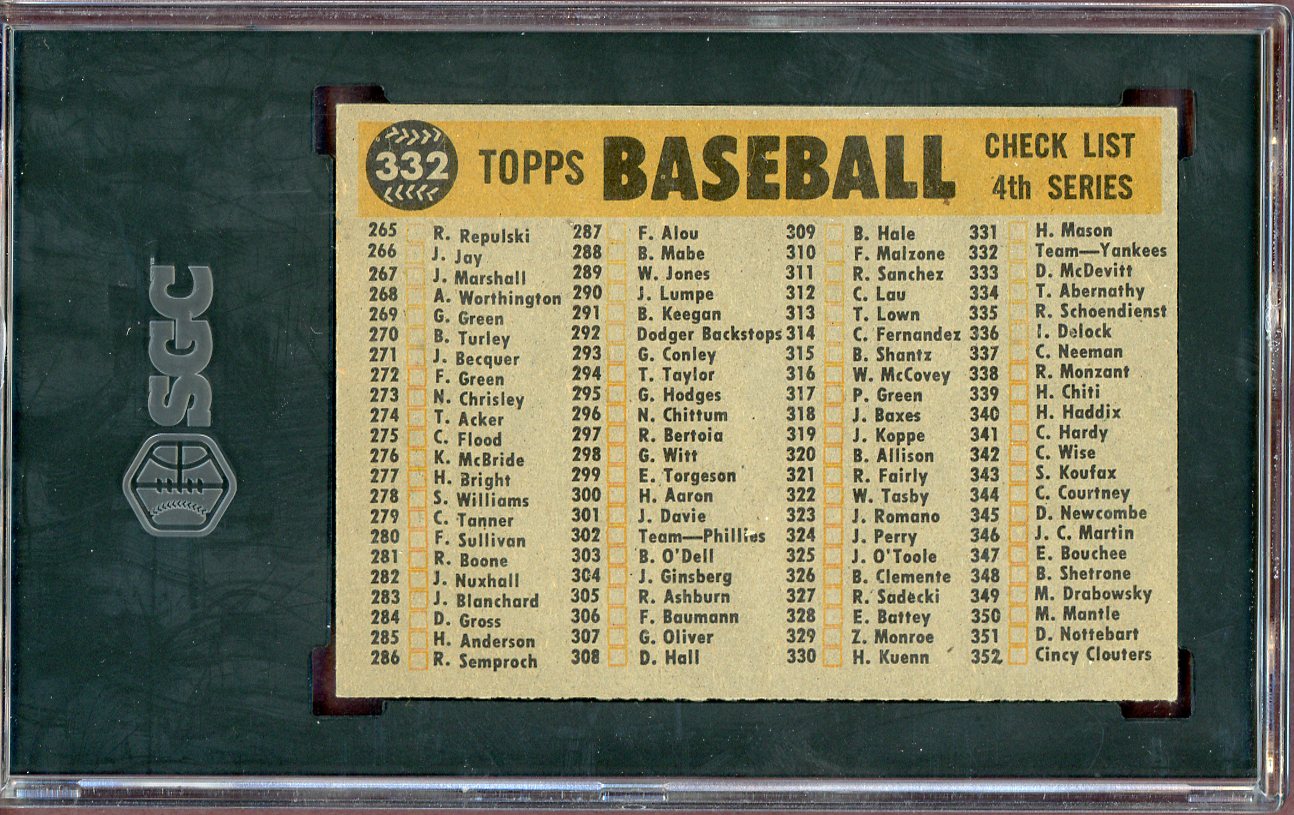1960 Topps Baseball #332 New York Yankees Team SGC 7 NM 560637