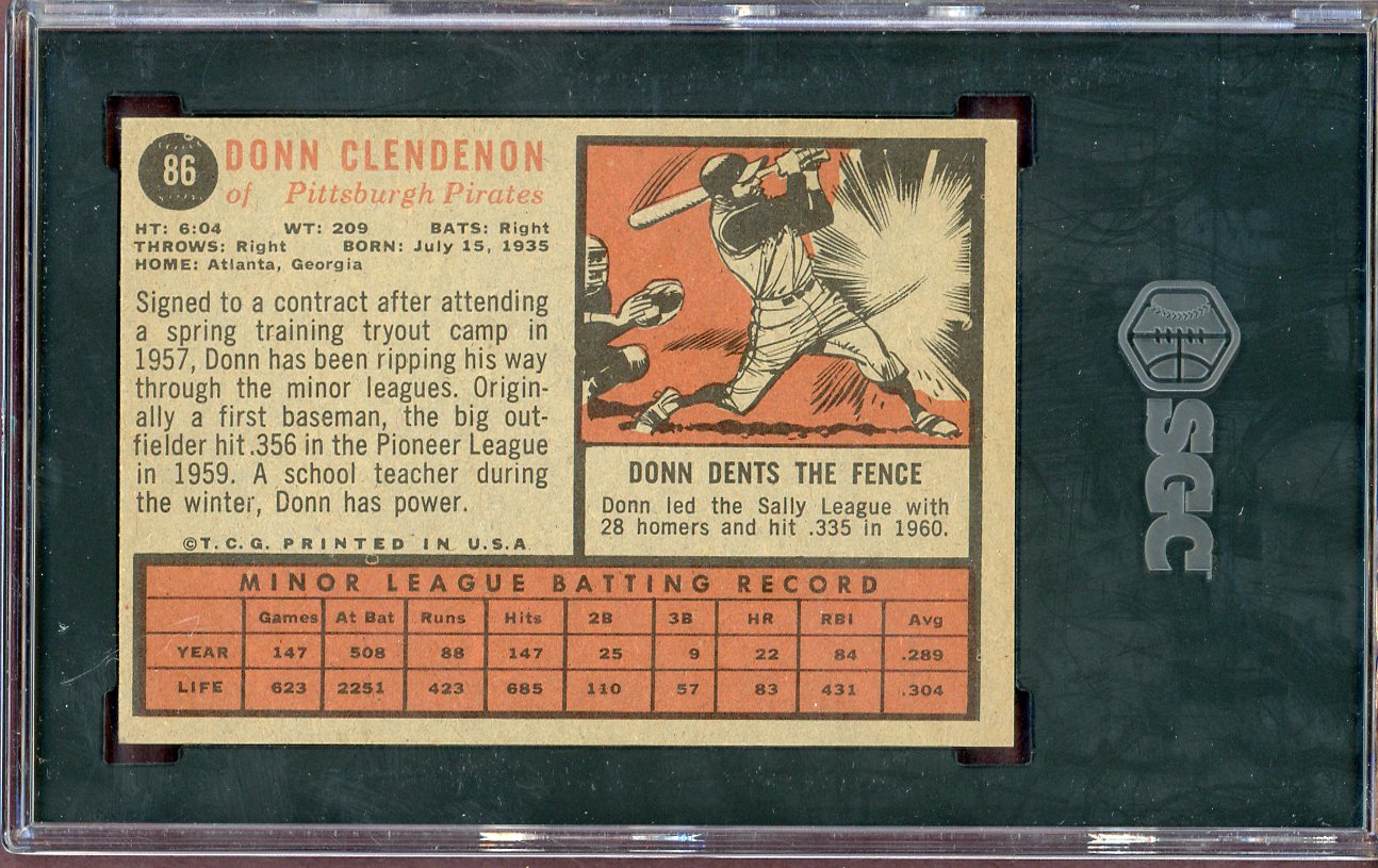 1962 Topps Baseball # 86 Donn Clendenon Pirates SGC 7.5 NM+ 560645