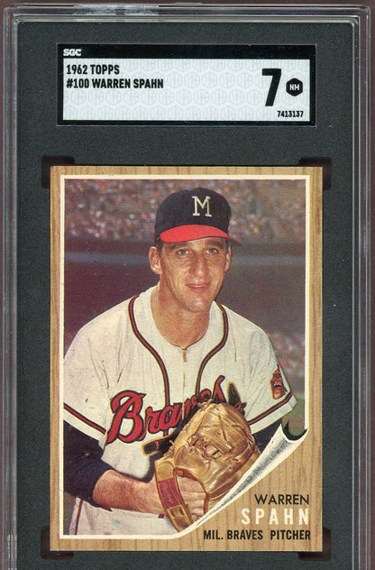 1962 Topps Baseball #100 Warren Spahn Braves SGC 7 NM 560647