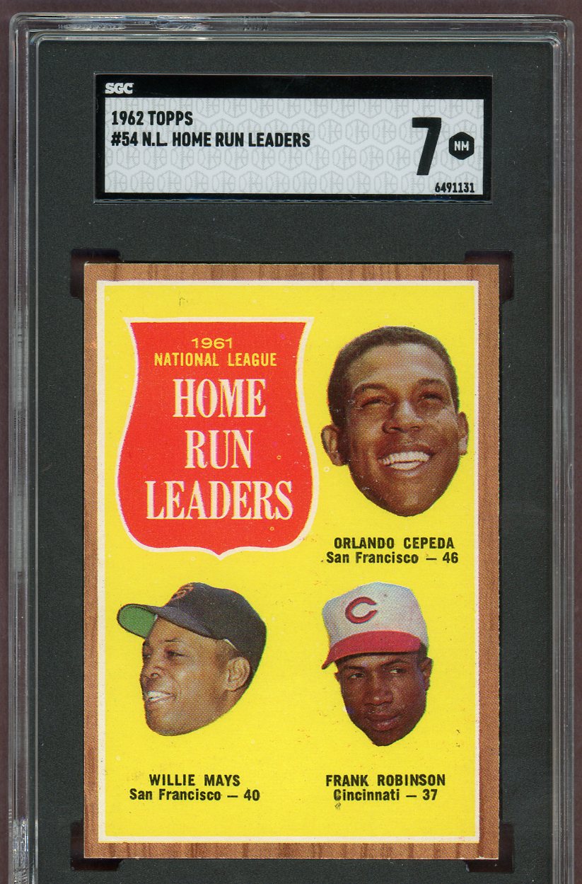 1962 Topps Baseball #054 N.L. Home Run Leaders Willie Mays SGC 7 NM 560656