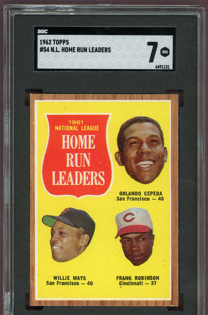 1962 Topps Baseball #054 N.L. Home Run Leaders Willie Mays SGC 7 NM 560656