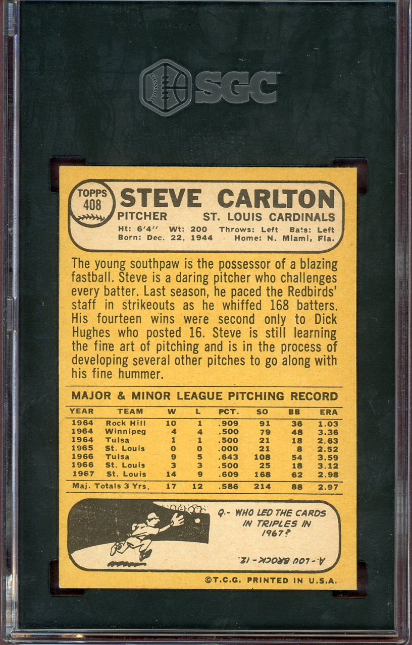 1968 Topps Baseball #408 Steve Carlton Cardinals SGC 7.5 NM+ 560669